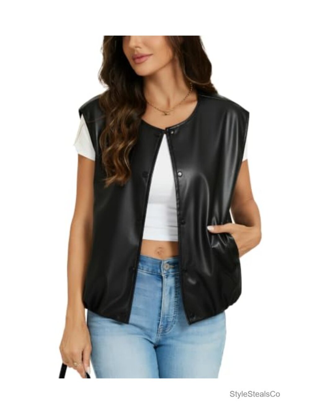 Faux Leather Motorcycle Vest Snap Button Sleeveless Biker Jacket